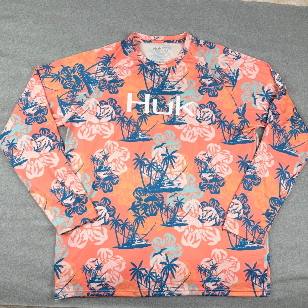 Huk Key West FL Long Sleeve Performance Fishing Shirt Tropical Boat Print Mens M
